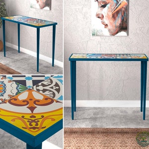 Cabinets Console End Table | Handmade Tiles & Wood Unique End Side Table | Sideboard Entryway End Coffee Table | Best Home Decor Table Gift