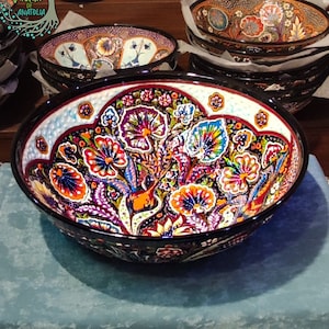 12&quot; Ceramic Bowl | Large Salad Pasta Fruit Cereal Serving Bowl | Special Handmade Decorative Turkish Moroccan Pottery Bowl | Christmas Gift