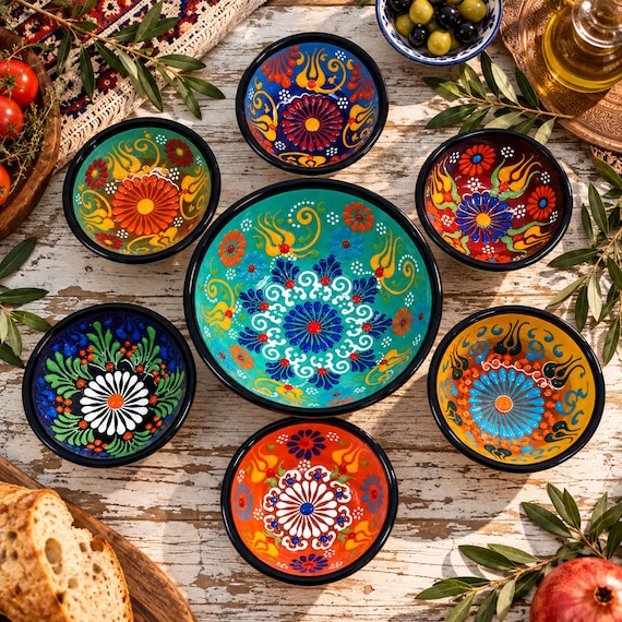 Handgefertigtes türkisches Keramikschalen-Set | Bunte Tapas Meze Saucen Schalen