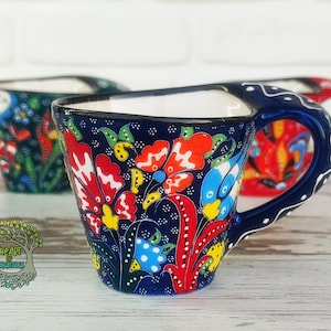 Large Handle Ceramic Coffee Mug | Unique Handmade Pottery Mug | Turkish Coffee Tea Soup Cup | Handpainted Decorative Ceramic Gift