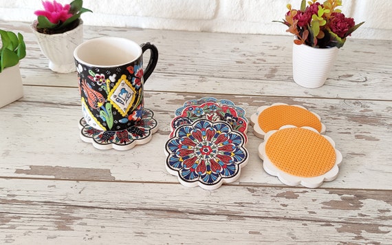 Ceramic Coaster Set 4x |handmade Turkish Pottery, Mandala
