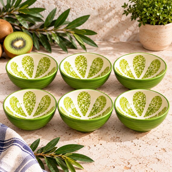 Handgefertigte Keramikschalen in Kiwi-Grün und Limettengrün, 6er-Set | Türkische Keramik mit Früchtemotiv