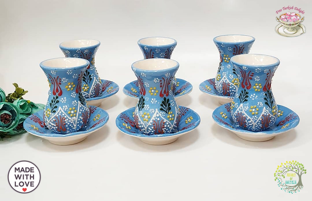 Turkish Ceramic Tea Cups Set of 6 Blue Handpainted Pottery, Lead Free