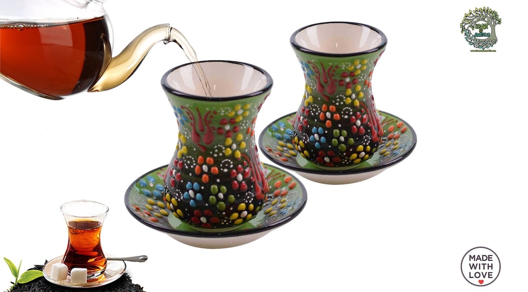 8 Pieces Green Turkish Ceramic Tea Cup Saucer Set Handcrafted Unique ...