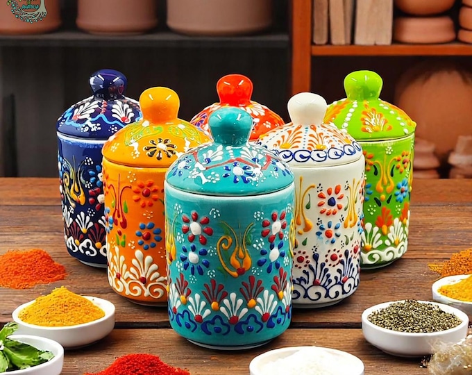 Handmade Ceramic Spice Jars with Lid | Turkish Kitchen Decor