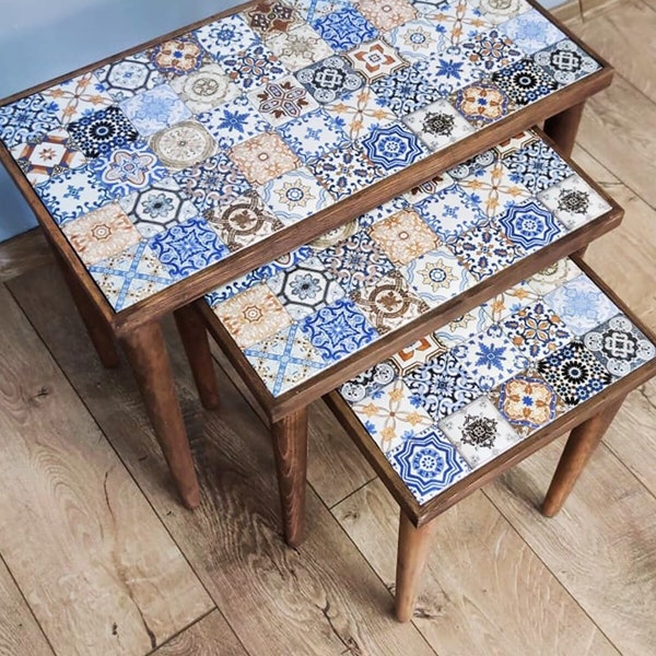 3x Wood & Tile Nesting Coffee Table Set - Handmade Accent Tables