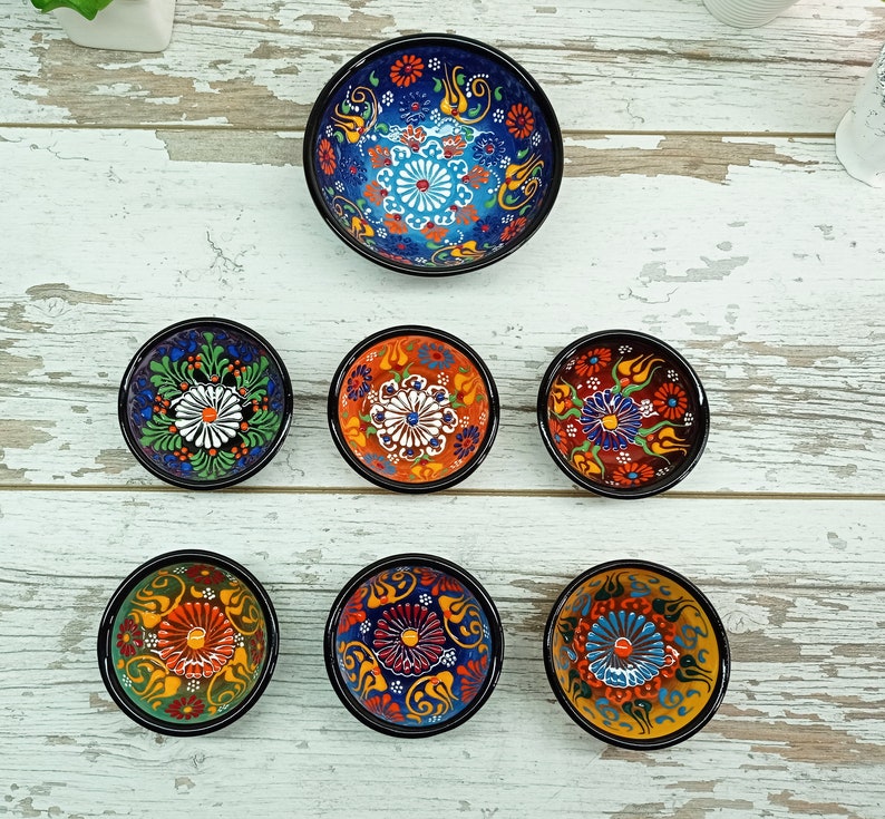 7x Kreative Minimal Traditionelle Türkische Keramik Blau Schüsseln Set, Appetizer Everyday Boho Handmade Thrown Home Decor Keramik Geschenk für sie, Mama Bild 10