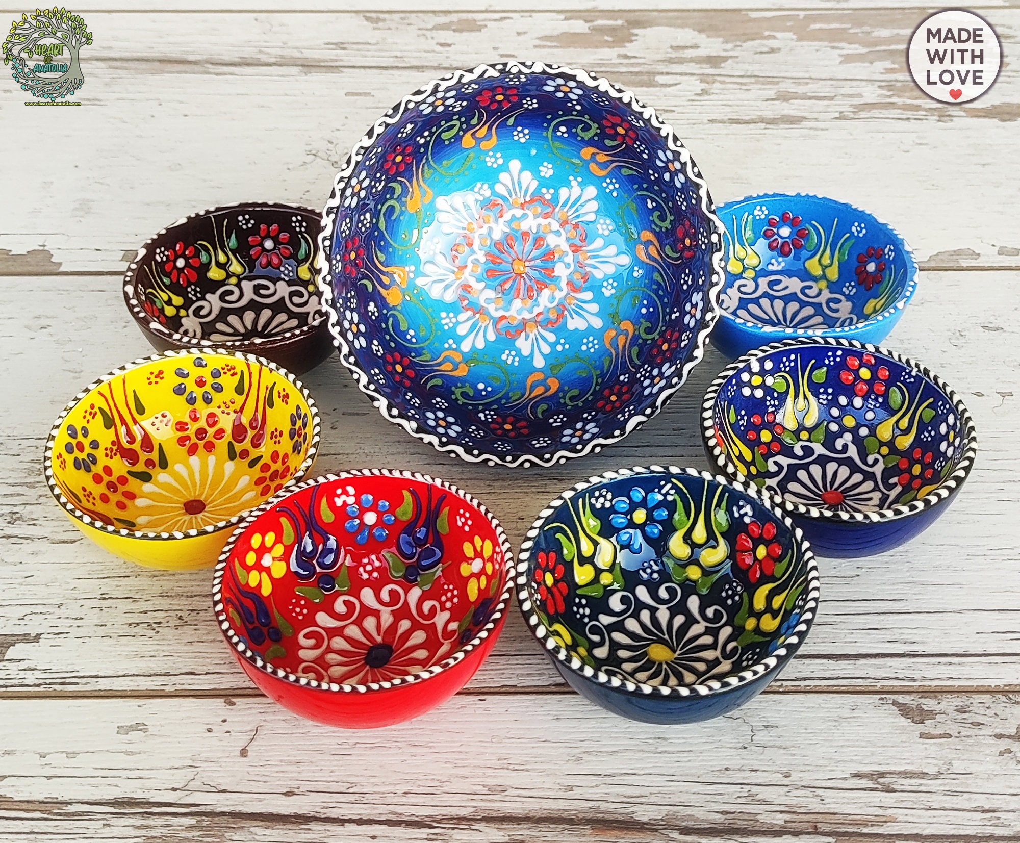 Buy 7x Ceramic Bowls Set Large & Small Handmade Turkish Pottery