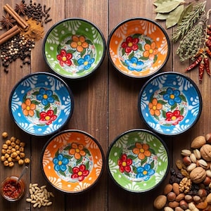 Op de afbeelding: Zes ronde keramische kommen gerangschikt in een cirkel, elk met een handgeschilderd bloemmotief met rode, oranje en blauwe bloemen op groene, oranje en blauwe achtergronden, met witte bladaccenten langs de binnenrand van elke kom.