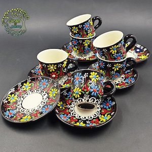 Handgemachte türkische Kaffeetassen 6er Set | Einzigartige Espresso-Keramik-Tassen-Sets | Dekorative bunte Büro Accessoires & Weihnachtsgeschenkideen