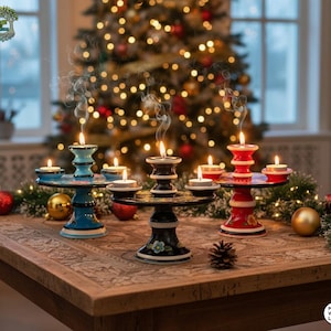 May include: Three decorative candle holders in blue, black, and red, each with three lit candles. The holders are on a wooden table with a Christmas tree in the background. The candles are burning, and smoke is rising from the flames. Ornaments and greenery surround the candle holders.
