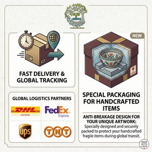 May include: An infographic featuring a brown cardboard box with a clock and location pin, logos for DHL, FedEx, UPS, and TNT, and a brown box containing a patterned bowl with bubble wrap. Text includes FAST DELIVERY & GLOBAL TRACKING and SPECIAL PACKAGING.