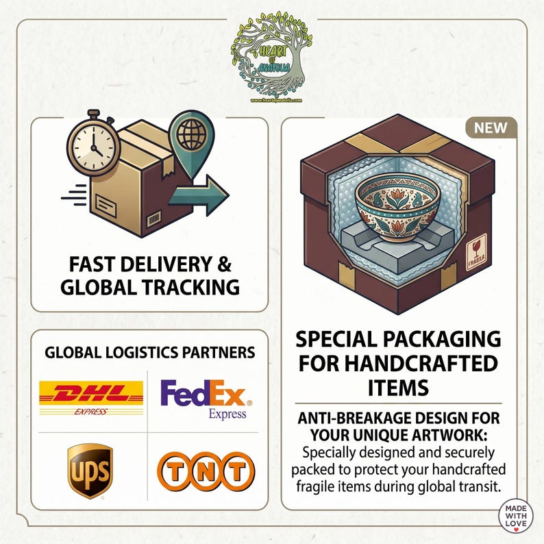 May include: An infographic featuring a brown cardboard box with a clock and location pin, logos for DHL, FedEx, UPS, and TNT, and a brown box containing a patterned bowl with bubble wrap. Text includes FAST DELIVERY & GLOBAL TRACKING and SPECIAL PACKAGING.