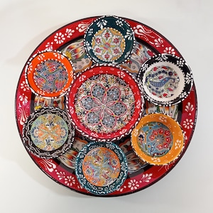 8x Ceramic Tray Bowls Set for Breakfast Dinnerware | Handmade Serving Plate Dish | Turkish Morrocan Pottery | Home Kitchen Decorative Gift