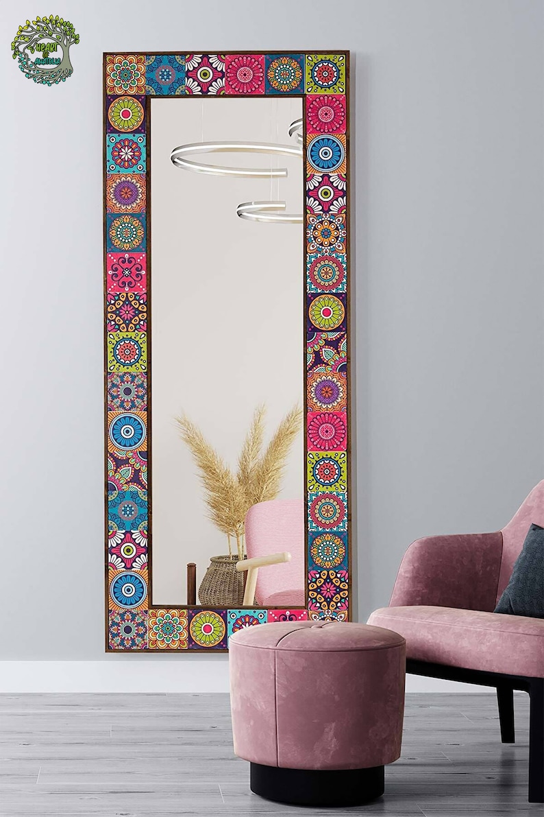 Full Lenght Mirror Wall Decor Wood Mirror Art Boho Mosaic Etsy