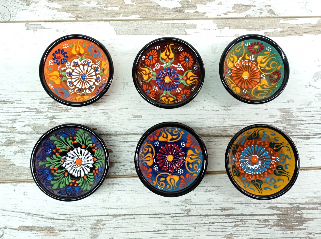 Set of 6 Small Ceramic Serving Bowls Colorful Handmade Painted Thrown Pottery Turkish Greek