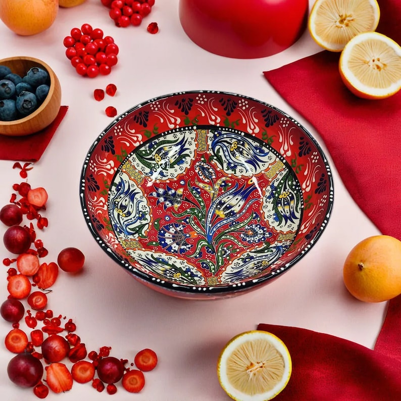 Handmade Turkish Ceramic Serving Bowl - Embossed Floral Pottery (8 ...