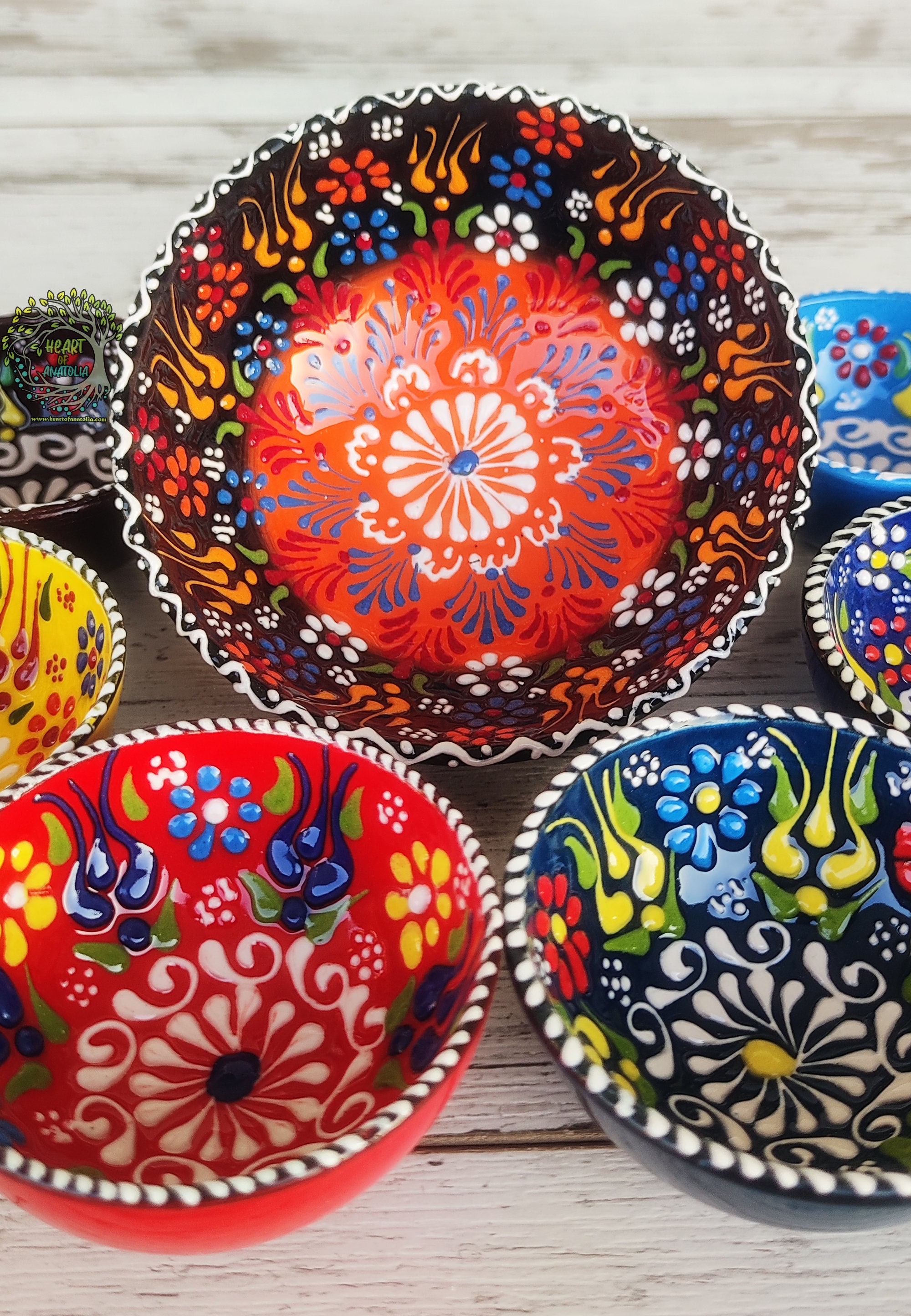 7x Ceramic Bowls Set Large & Small Handmade Turkish Pottery