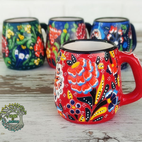 Ceramic Coffee Mug | Unique Handmade Large Handle Pottery Mug | Turkish Coffee Tea Soup Cup | Handpainted Decorative Ceramic Gift