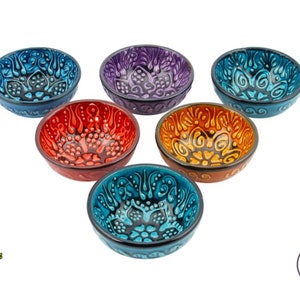 6 Pieces Handmade Ceramic Bowls Set , Turkish Meze Prep Tapas Sauce Snack Breakfast Serving Pottery Tile Bowls Best Christmas New Home Gift