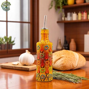Handgemaakte keramische olijfoliedispenser | Cruet met azijn en saus | Turks ambachtelijk aardewerk met bloemdessin | Moederdag: cadeau nieuwe keuken