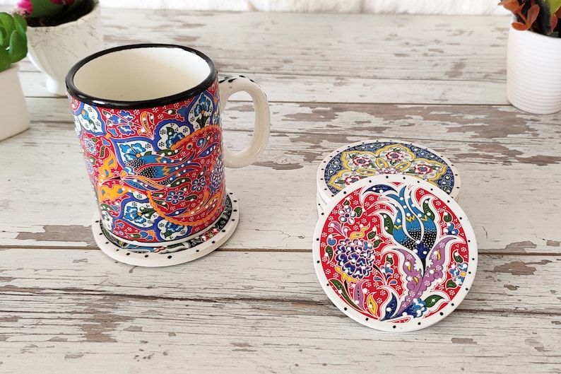 View of Handmade Ceramic Coaster Set | Engraved Turkish Tile - Boho Table Decor ...