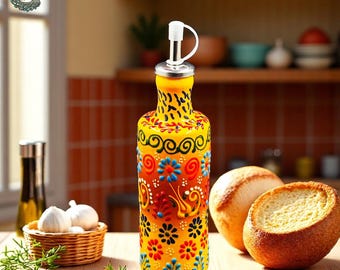 手作りの陶器製オリーブオイルディスペンサー | トルコ風の花柄オイル