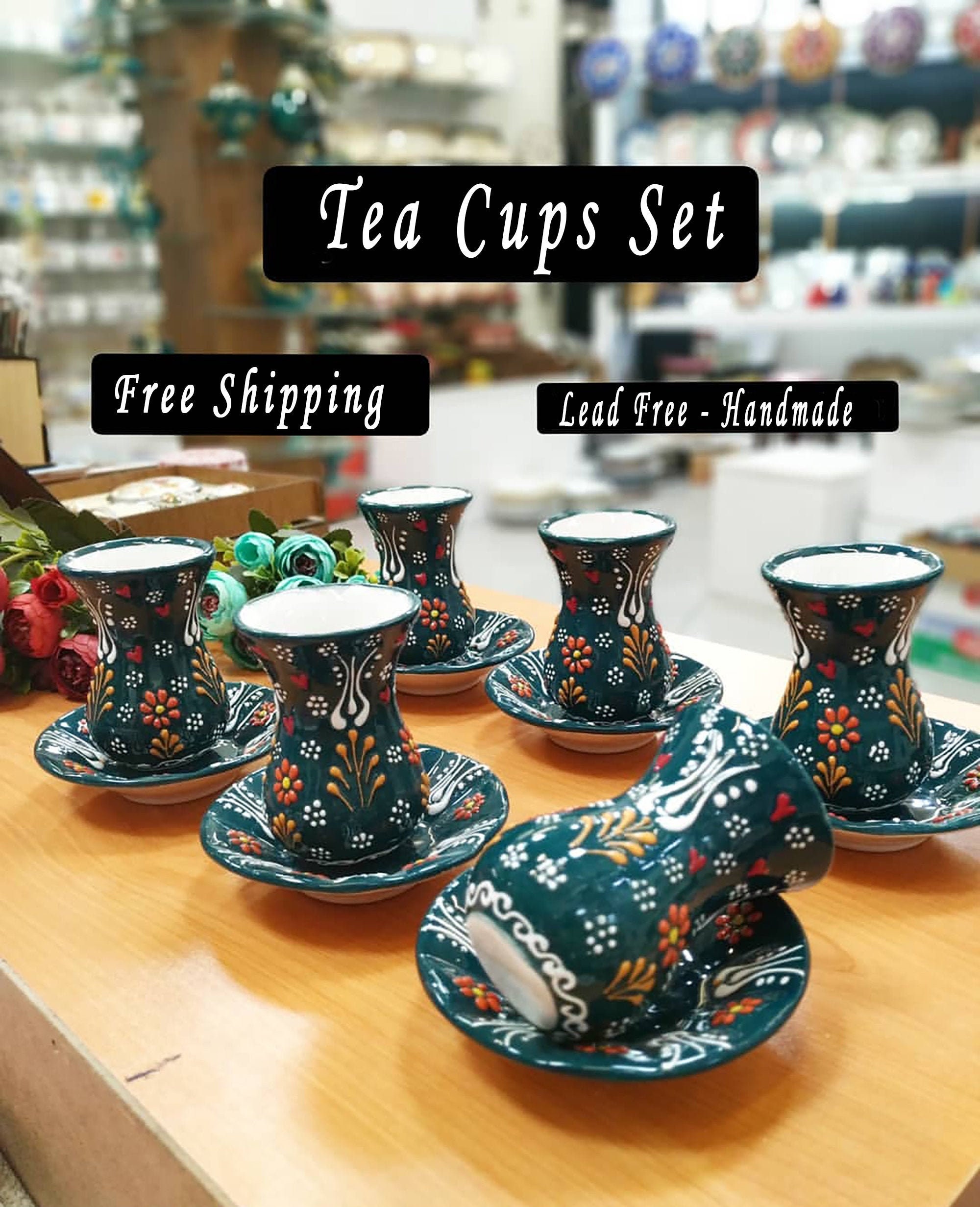 Ceramic Turkish Black Tea Cups Set of 6 With Plates Army