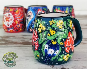 Turkish Ceramic Coffee Mug | Handmade Espresso Mug | Turkish Coffee Tea Soup Cup Large Handle | Unique Handpainted Decorative Ceramic Gift