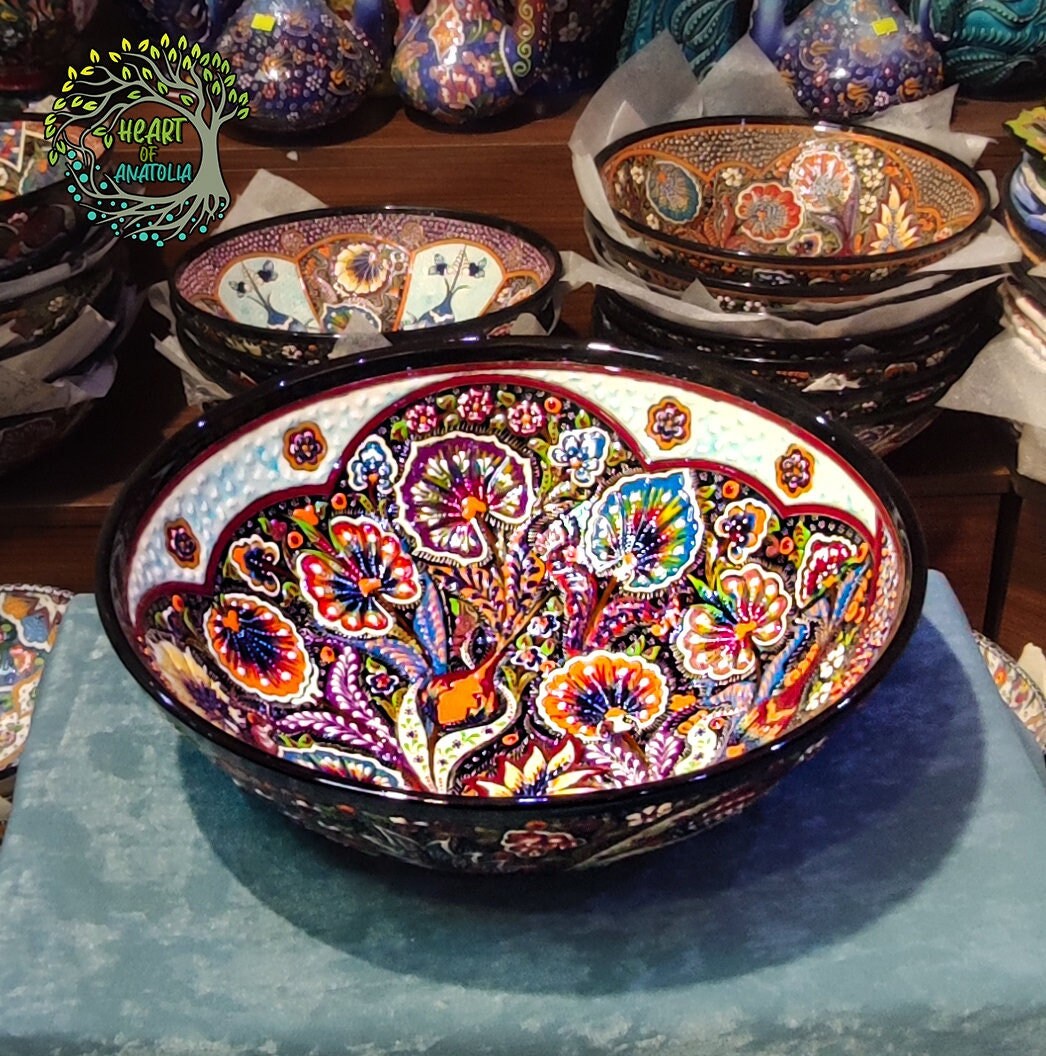 12" Ceramic Bowl | Large Salad Pasta Fruit Cereal Serving Bowl | Special Handmade Decorative Turkish Moroccan Pottery Bowl | Christmas Gift