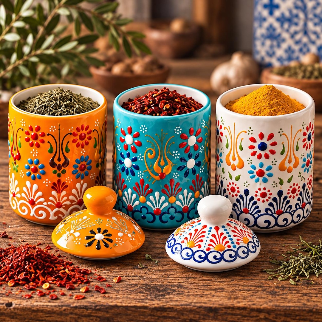 Handmade Ceramic Kitchen Storage | Turkish Spice Jar Set With Lid