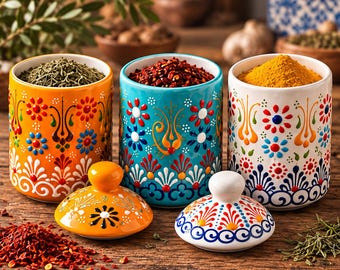 Handmade Ceramic Kitchen Storage | Turkish Spice Jar Set With Lid