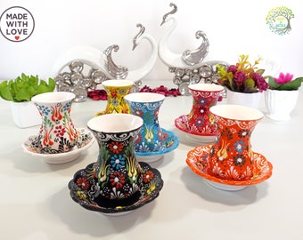 12x Set da tè turco 6 tazze da tè e 6 piattini / Set in ceramica fatto a mano Tazze da tè alle erbe per caffè Regalo decorativo per gli amanti del tea party