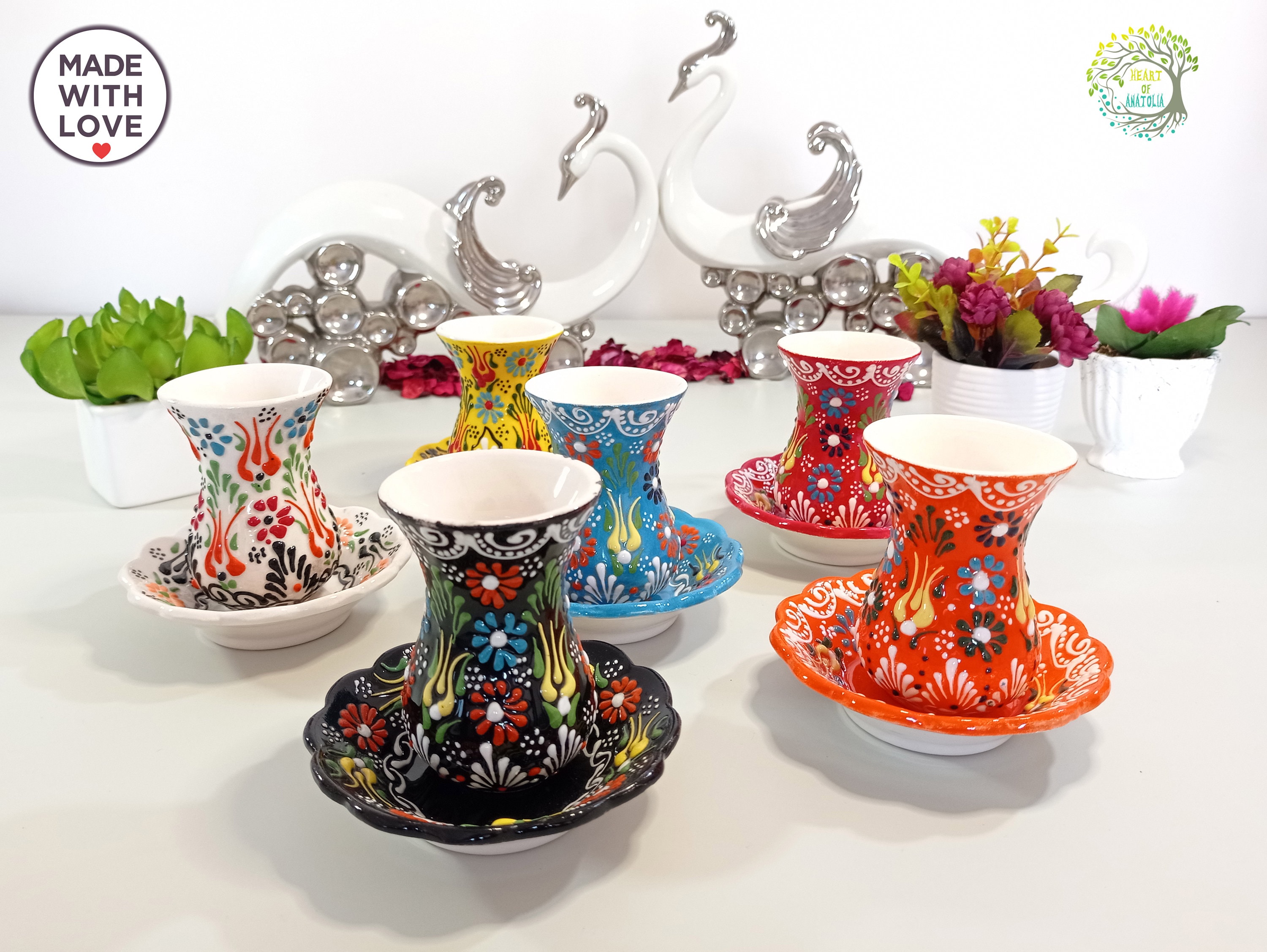 Turkish Tea Set 6 Tea Cups and 6 Saucers | Handmade Ceramic