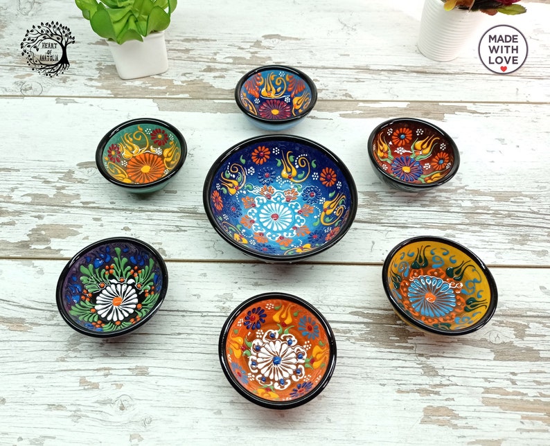 7x Kreative Minimal Traditionelle Türkische Keramik Blau Schüsseln Set, Appetizer Everyday Boho Handmade Thrown Home Decor Keramik Geschenk für sie, Mama Bild 1