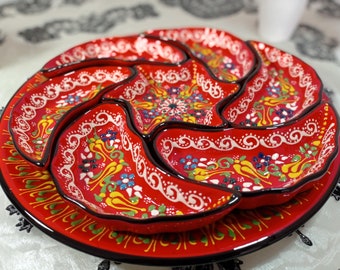 Set di antipasti in ceramica turca fatti a mano / Piatti da portata con motivi floreali rossi