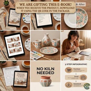 May include: A collection of ceramic items, including a vase, mug, plate, and small pot, all adorned with a floral design. The image also features a tablet displaying painting instructions, paint palettes, and the text "NO KILN NEEDED".