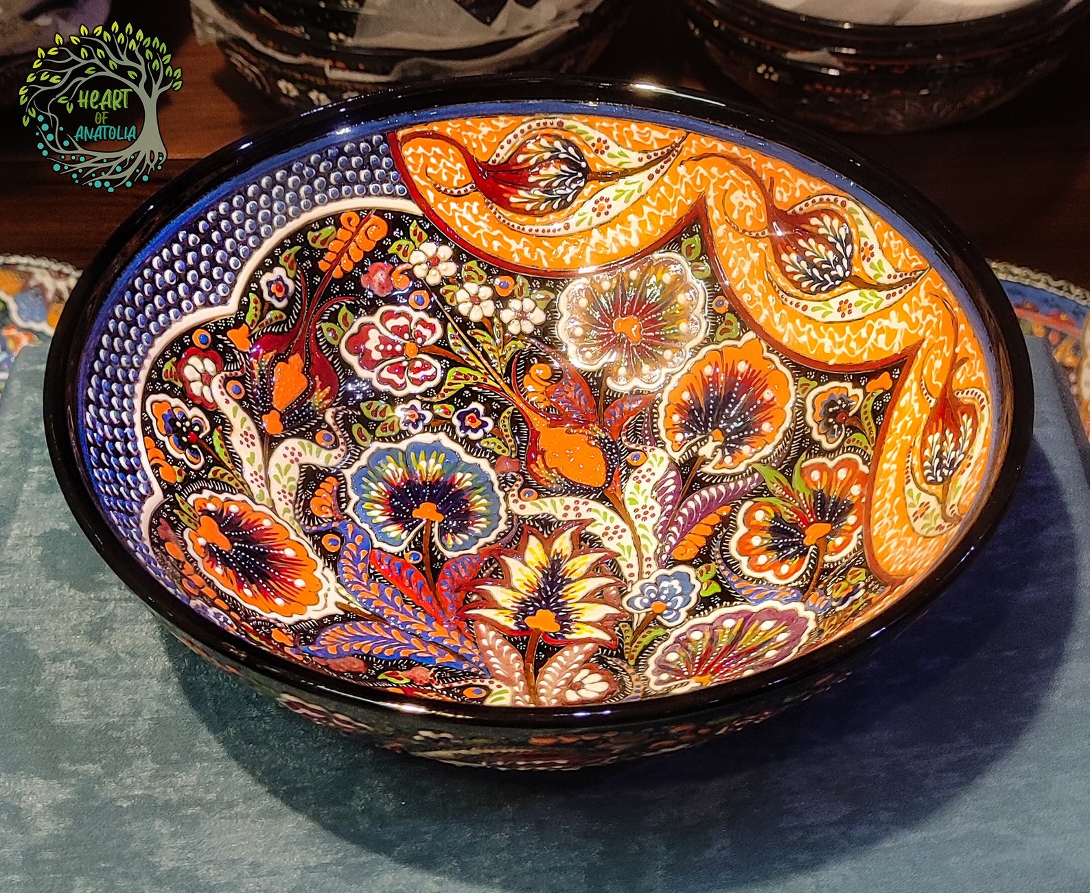 12" Handmade Turkish Ceramic Bowl | Embossed Floral Pottery