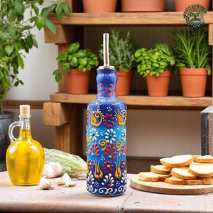 Olive Oil & Vinegar Cruets | Ceramic Handmade Dispanser | Hand-Painted Floral Pattern | Ideal for New Kitchen Decor - Gifts
