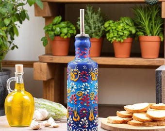 Dispensador de aceite de oliva y vinagre de cerámica pintado a mano: vinagrera con diseño floral turco