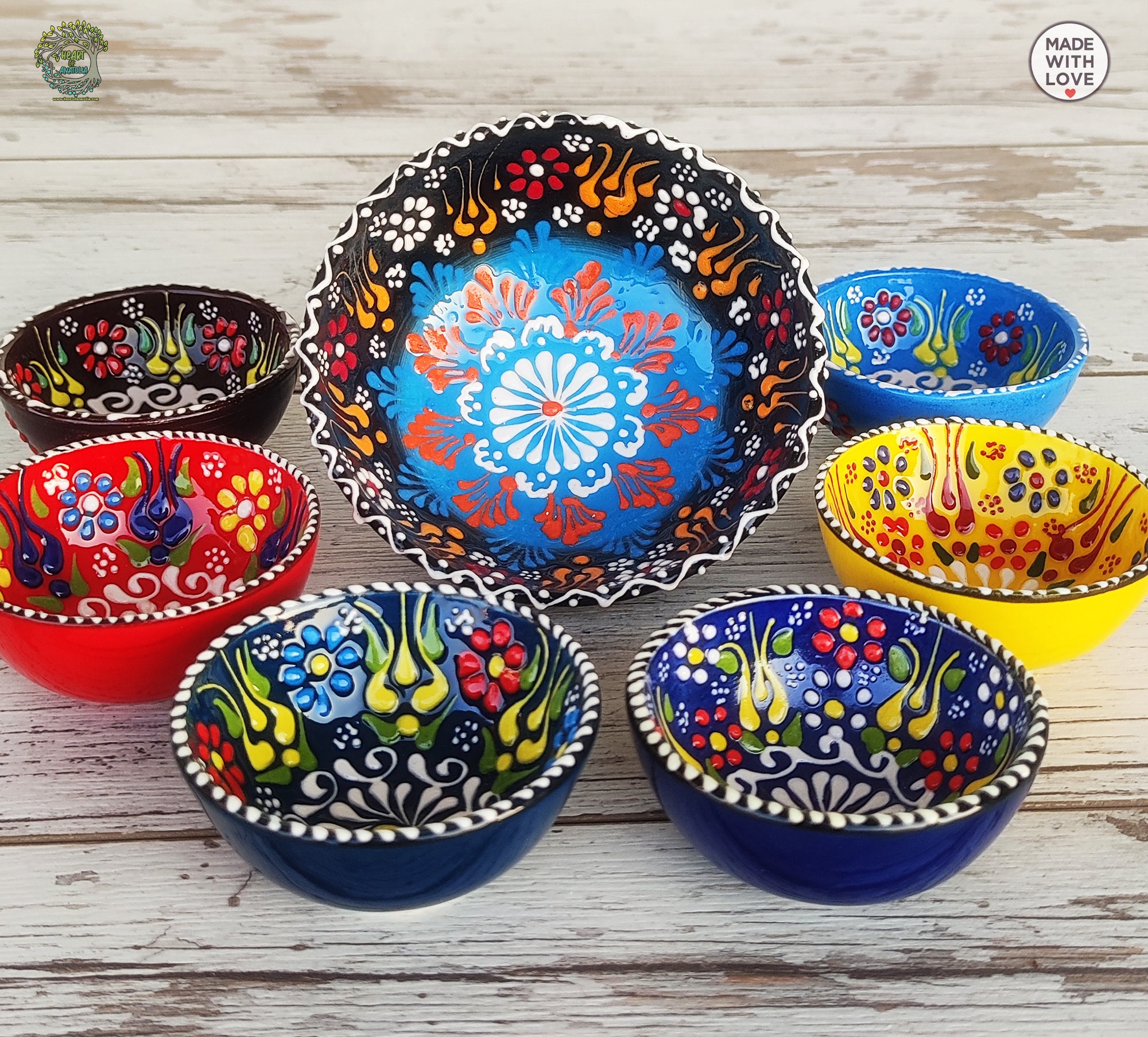 Juego de 7 cuencos de cerámica hechos a mano, aperitivos, salsas, aperitivos,  tapas, vajilla Mezze, cuencos para servir, plato de cerámica turco marroquí  único, regalo -  México