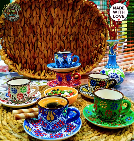 Handmade Ceramic Coffee Espresso Mug Set of 6 Turkish Coffee Pottery Cup  Set Unique Decorative Ceramic Gift for Coffee Lover 