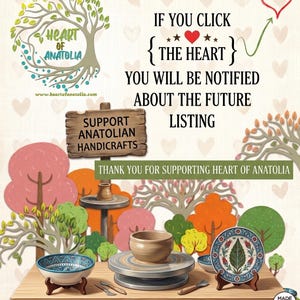 May include: A wooden table displays a pottery wheel with a clay bowl, a patterned ceramic bowl, and a decorative plate with a leaf design. Text reads: IF YOU CLICK THE HEART YOU WILL BE NOTIFIED ABOUT THE FUTURE LISTING, SUPPORT ANATOLIAN HANDICRAFTS.