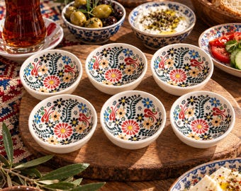 Handmade Turkish Ceramic Pinch Bowls Set of 6 | White Floral Small Serving Bowls