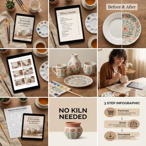 May include: A collection of ceramic painting supplies and finished pieces. The image shows a tablet with instructions, paint palettes, brushes, and mugs. A plate shows a before and after painting comparison. The text reads "The Ultimate Guide to Painting Ceramics at Home."