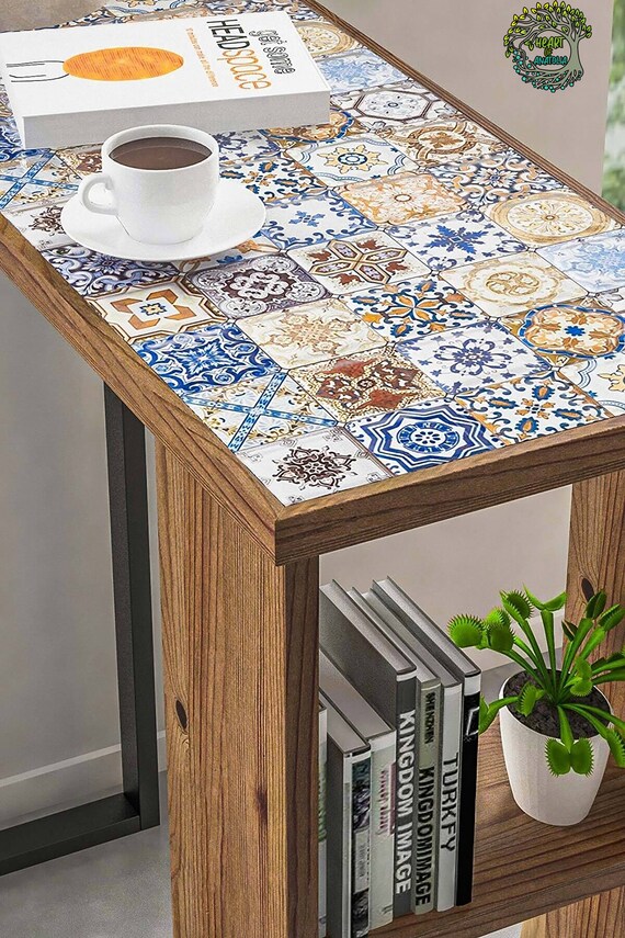 Live Edge End Table Handmade Wood & Stone Tile Bedside Table Etsy