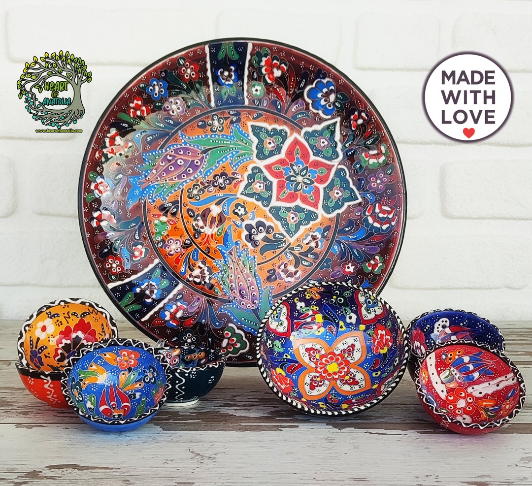 Handmade Ceramic Serving Bowls With Tray | Floral Hand-painted Pottery ...