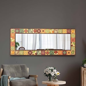 Full Lenght Mirror | Wall Decor Wood Mirror Art |  Boho Mosaic Large Bathroom & Floor Mirror | Vintage Vanity Mirror Gift for Moving