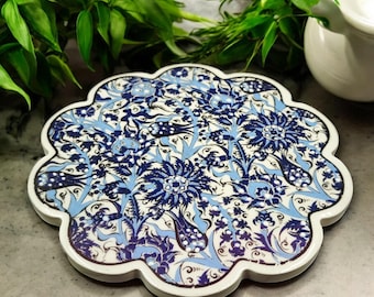 Handmade Turkish Ceramic Coaster | Cork Backed Trivet , Farmhouse Decor