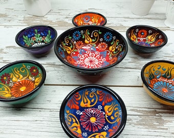 7 pcs Embossed Handmade Painted Black & Colorful Vintage Bohemian Ceramic Bowls Home Kitchen Serving Pottery Gift for Her Wife Housewarming